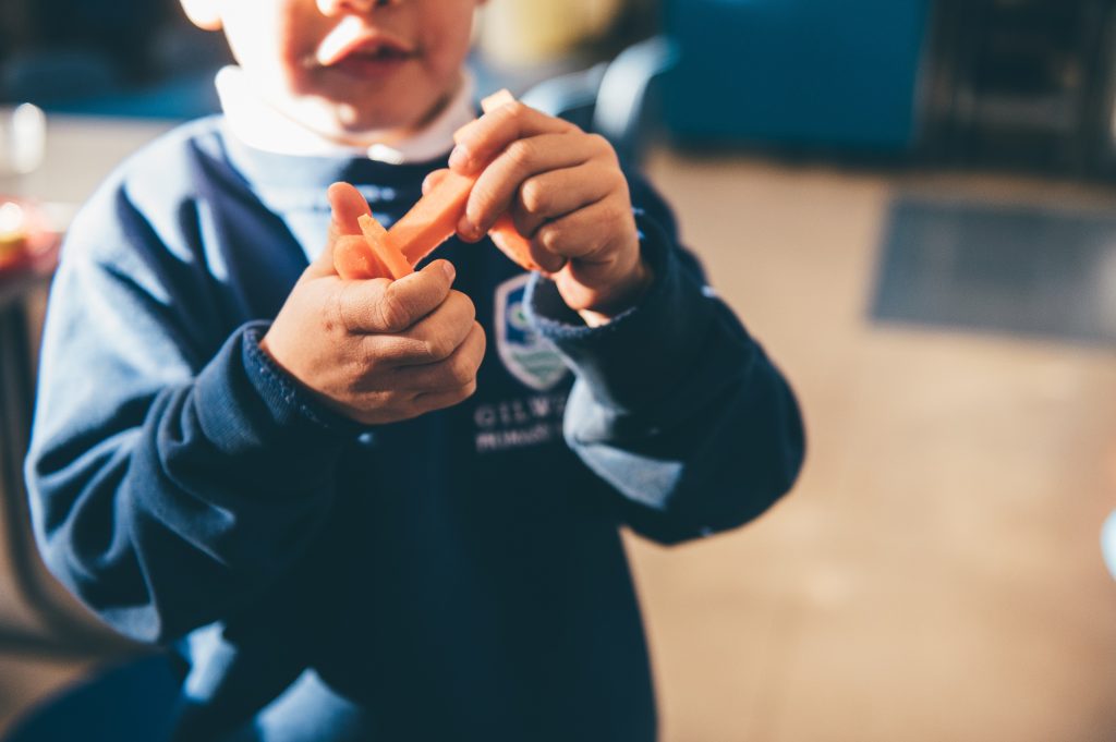 Pupil from school holding a carrot stick 